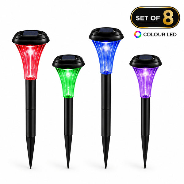 Set of 8 colourful LED solar lights on a white background