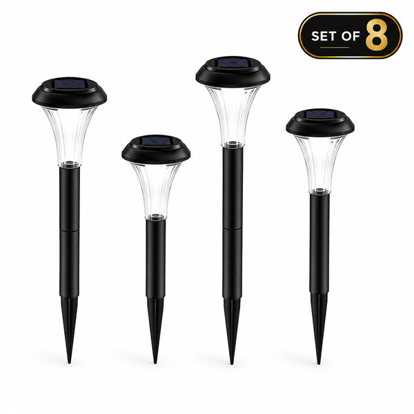 Set of four black solar-powered garden lights on a white background with 'Set of 8' label.