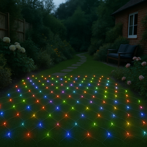 A garden pathway adorned with multi-colour LED solar net lights, creating a festive glow in the outdoor space.