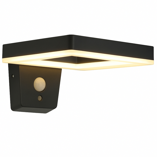 A square black solar wall light with a sleek design, featuring a built-in motion sensor and illuminated LED light panel.